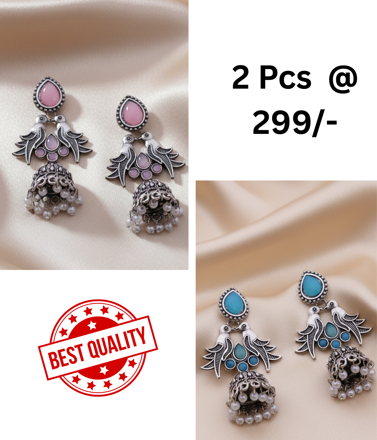 Oxidized Silver Jhumka Earrings with Bird Motif, Stone & Pearl Drops