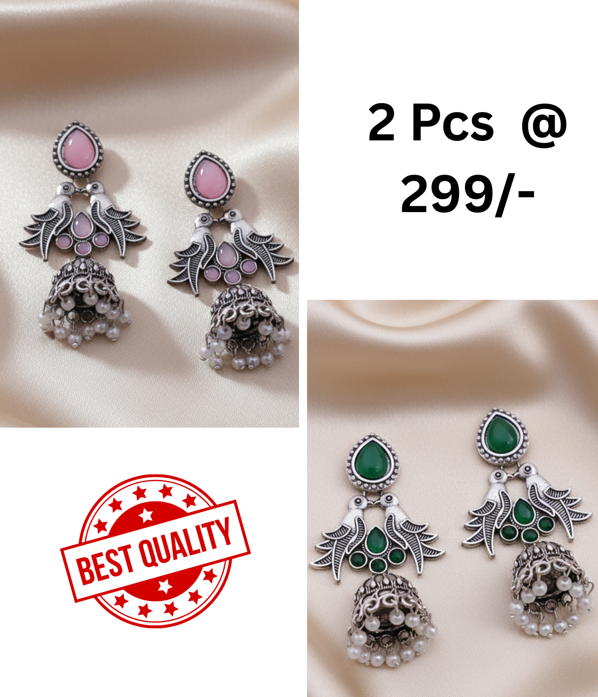 Oxidized Silver Jhumka Earrings with Bird Motif, Stone & Pearl Drops