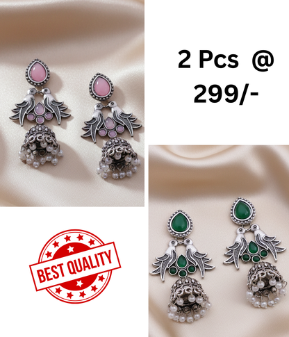 Oxidized Silver Jhumka Earrings with Bird Motif, Stone & Pearl Drops