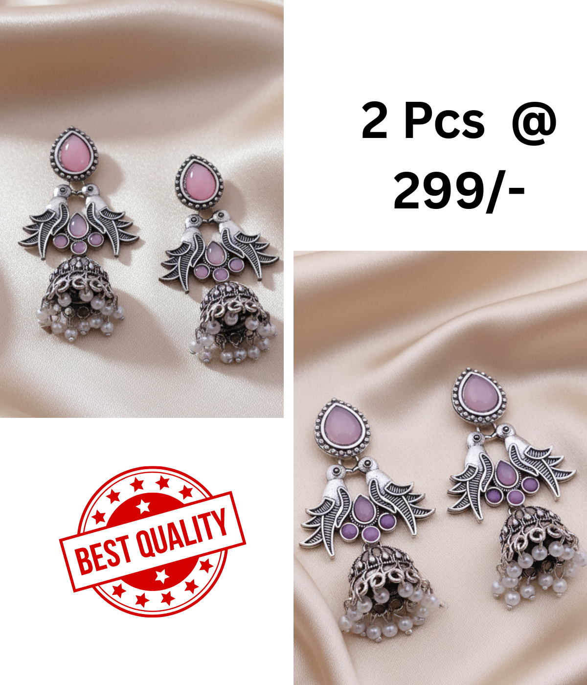 Oxidized Silver Jhumka Earrings with Bird Motif, Stone & Pearl Drops