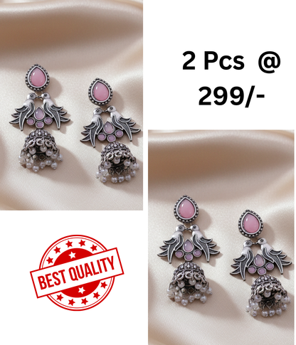 Oxidized Silver Jhumka Earrings with Bird Motif, Stone & Pearl Drops