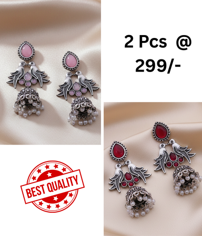 Oxidized Silver Jhumka Earrings with Bird Motif, Stone & Pearl Drops