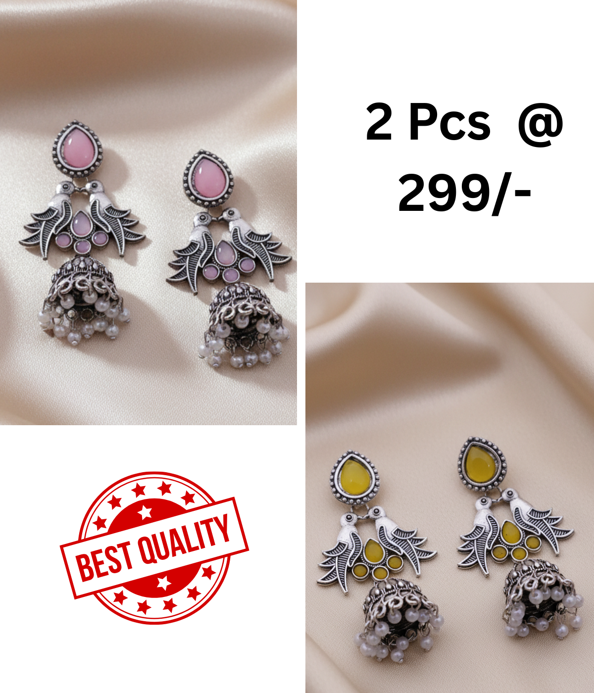 Oxidized Silver Jhumka Earrings with Bird Motif, Stone & Pearl Drops