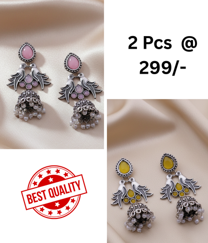 Oxidized Silver Jhumka Earrings with Bird Motif, Stone & Pearl Drops