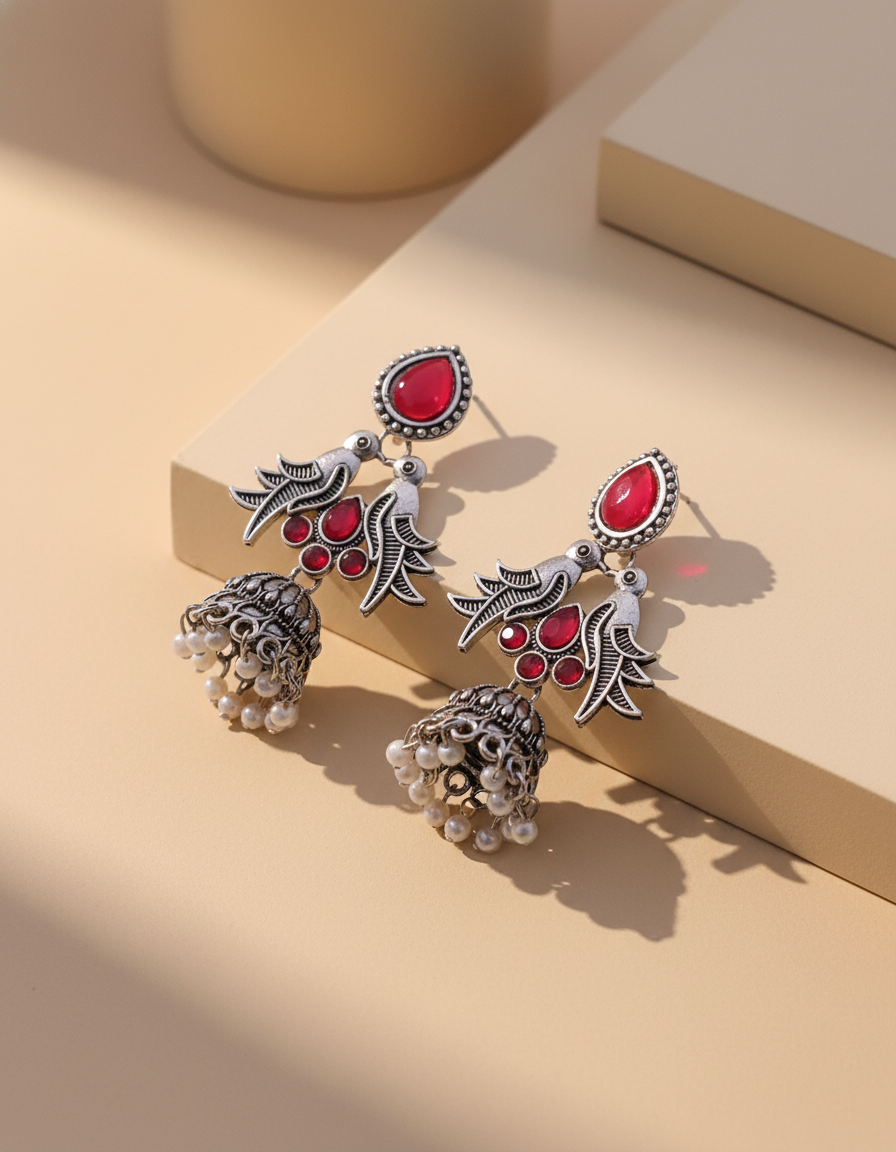 Elegant Oxidized Silver Bird & Jhumka Earrings with Black Stones