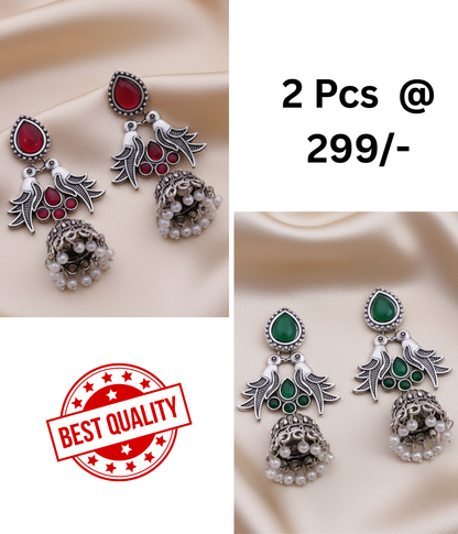 Stunning Oxidized Silver Bird Jhumka Earrings with Rani Pink and Black Gemstones