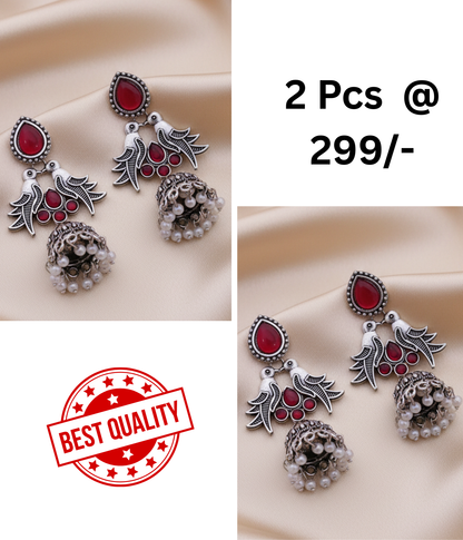 Stunning Oxidized Silver Bird Jhumka Earrings with Rani Pink and Black Gemstones