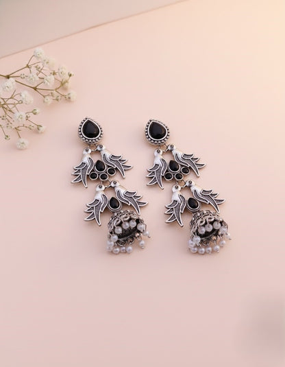Elegant Oxidized Silver Peacock Jhumka Earrings with Green & Black Stones