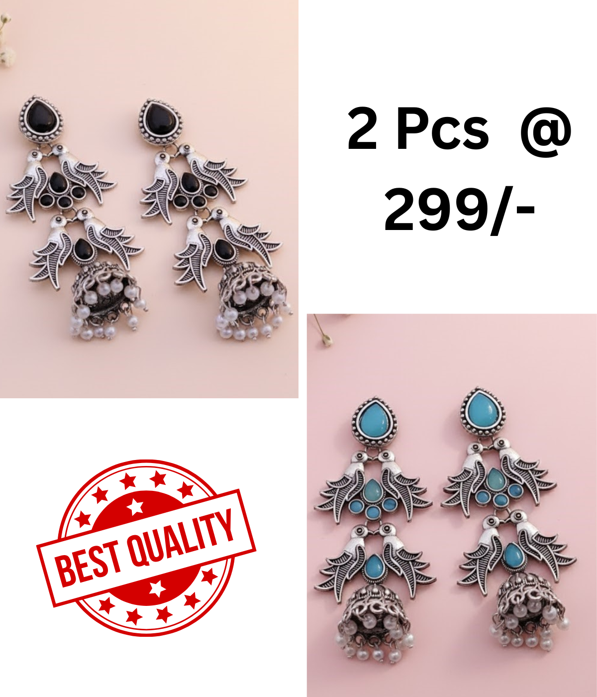 Elegant Oxidised Silver Peacock Jhumka Earrings with Black Stones and Pearls