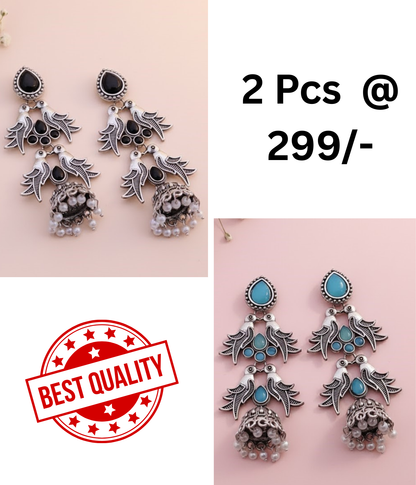 Elegant Oxidised Silver Peacock Jhumka Earrings with Black Stones and Pearls