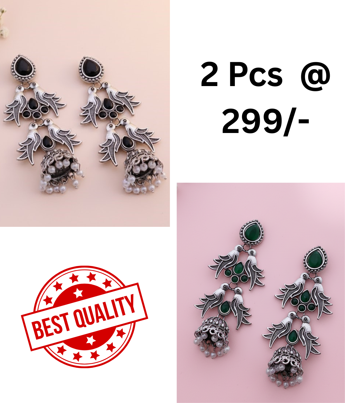 Elegant Oxidised Silver Peacock Jhumka Earrings with Black Stones and Pearls