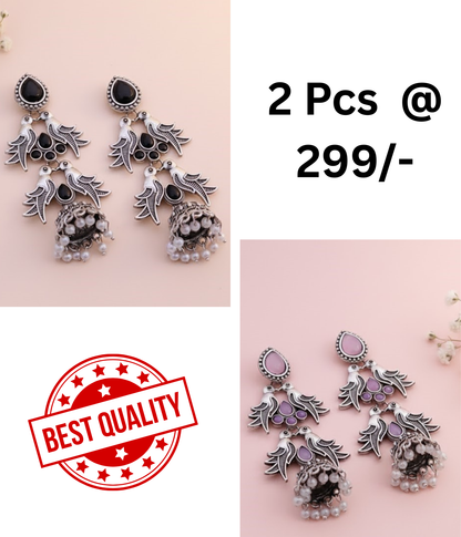 Elegant Oxidised Silver Peacock Jhumka Earrings with Black Stones and Pearls