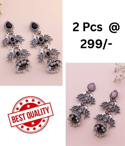 Elegant Oxidised Silver Peacock Jhumka Earrings with Black Stones and Pearls