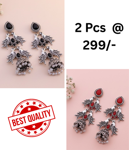 Elegant Oxidised Silver Peacock Jhumka Earrings with Black Stones and Pearls