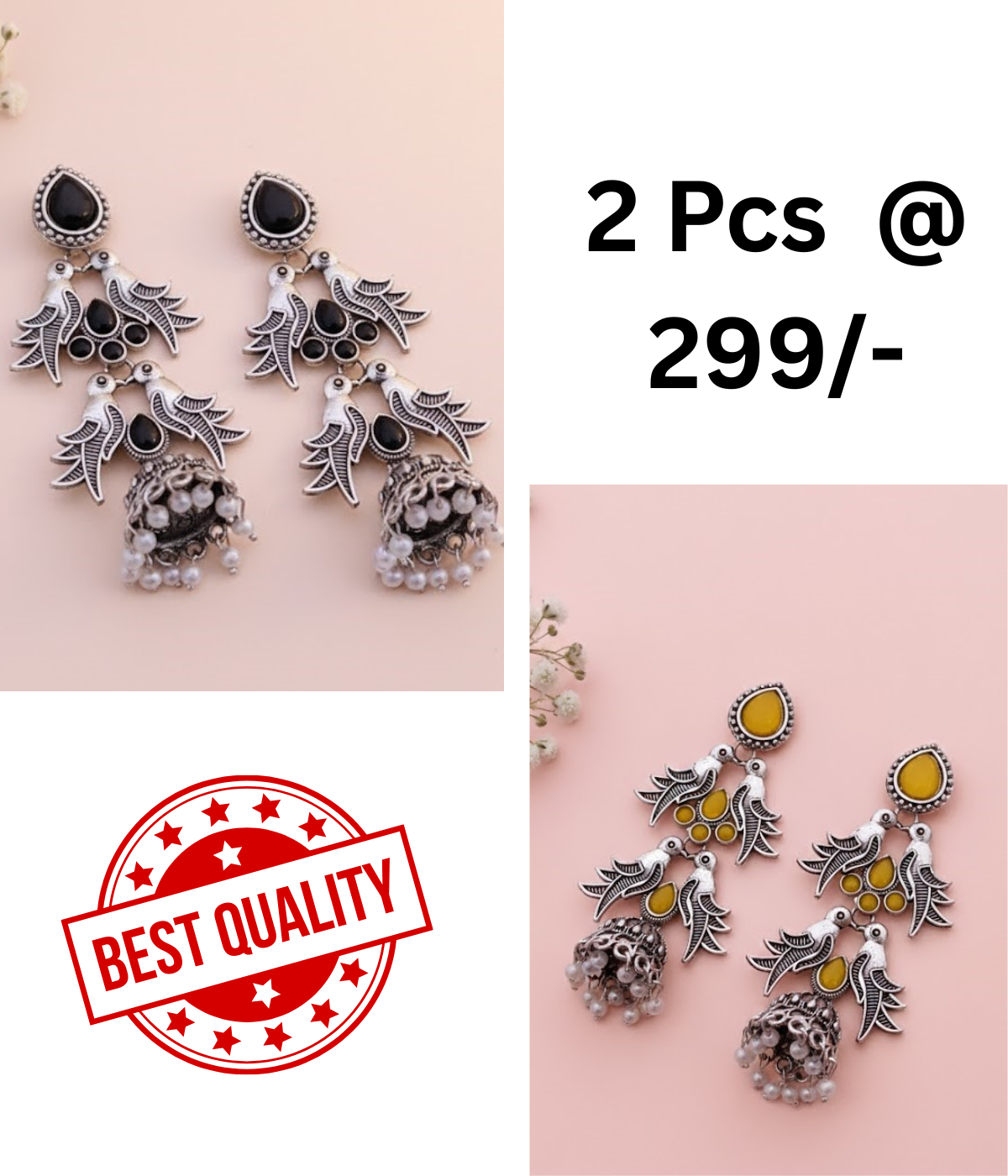 Elegant Oxidised Silver Peacock Jhumka Earrings with Black Stones and Pearls