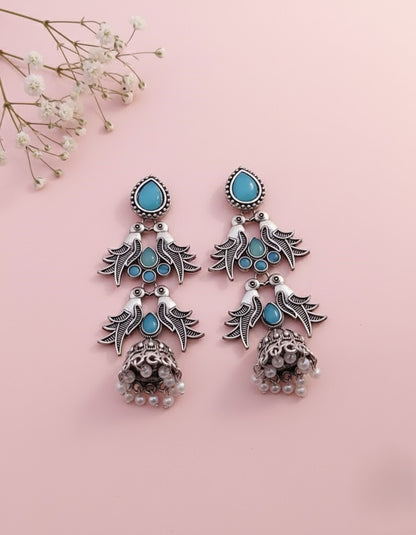 Stunning Oxidized Silver Bird Jhumka Earrings with Pink and Black Stones