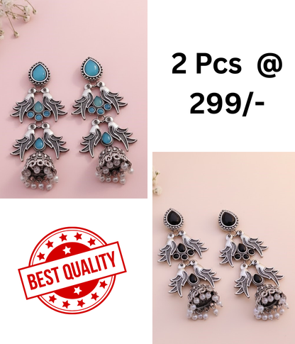 Stunning Oxidized Silver Bird Motif Jhumka Earrings with Turquoise & Black Stones