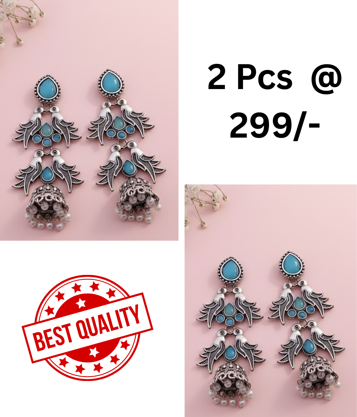 Stunning Oxidized Silver Bird Motif Jhumka Earrings with Turquoise & Black Stones