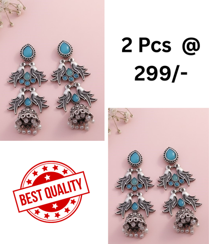 Stunning Oxidized Silver Bird Motif Jhumka Earrings with Turquoise & Black Stones
