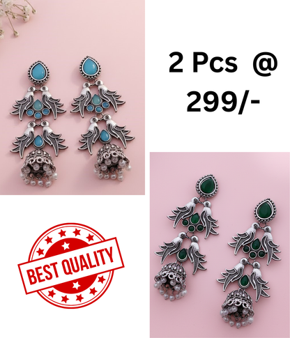 Stunning Oxidized Silver Bird Motif Jhumka Earrings with Turquoise & Black Stones