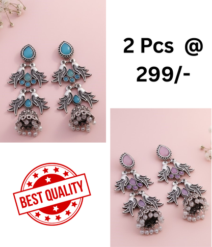Stunning Oxidized Silver Bird Motif Jhumka Earrings with Turquoise & Black Stones