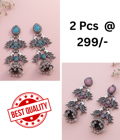 Stunning Oxidized Silver Bird Motif Jhumka Earrings with Turquoise & Black Stones