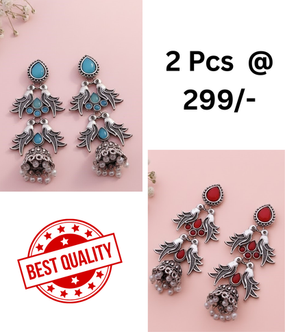 Stunning Oxidized Silver Bird Motif Jhumka Earrings with Turquoise & Black Stones