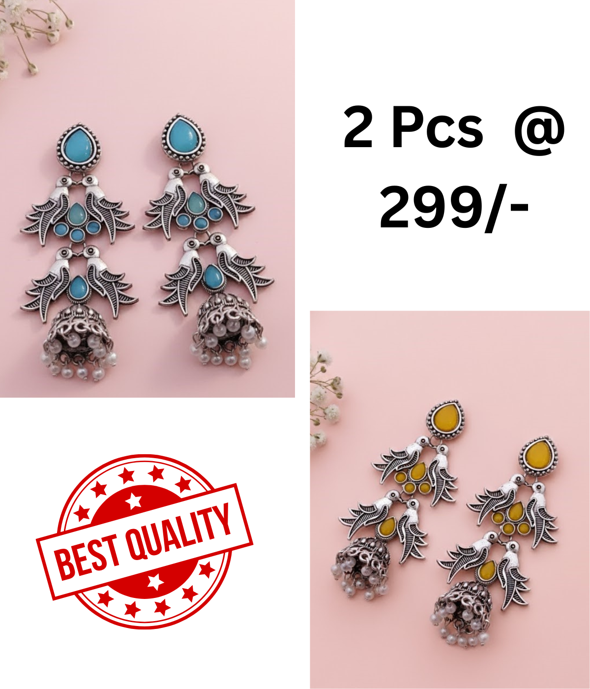 Stunning Oxidized Silver Bird Motif Jhumka Earrings with Turquoise & Black Stones