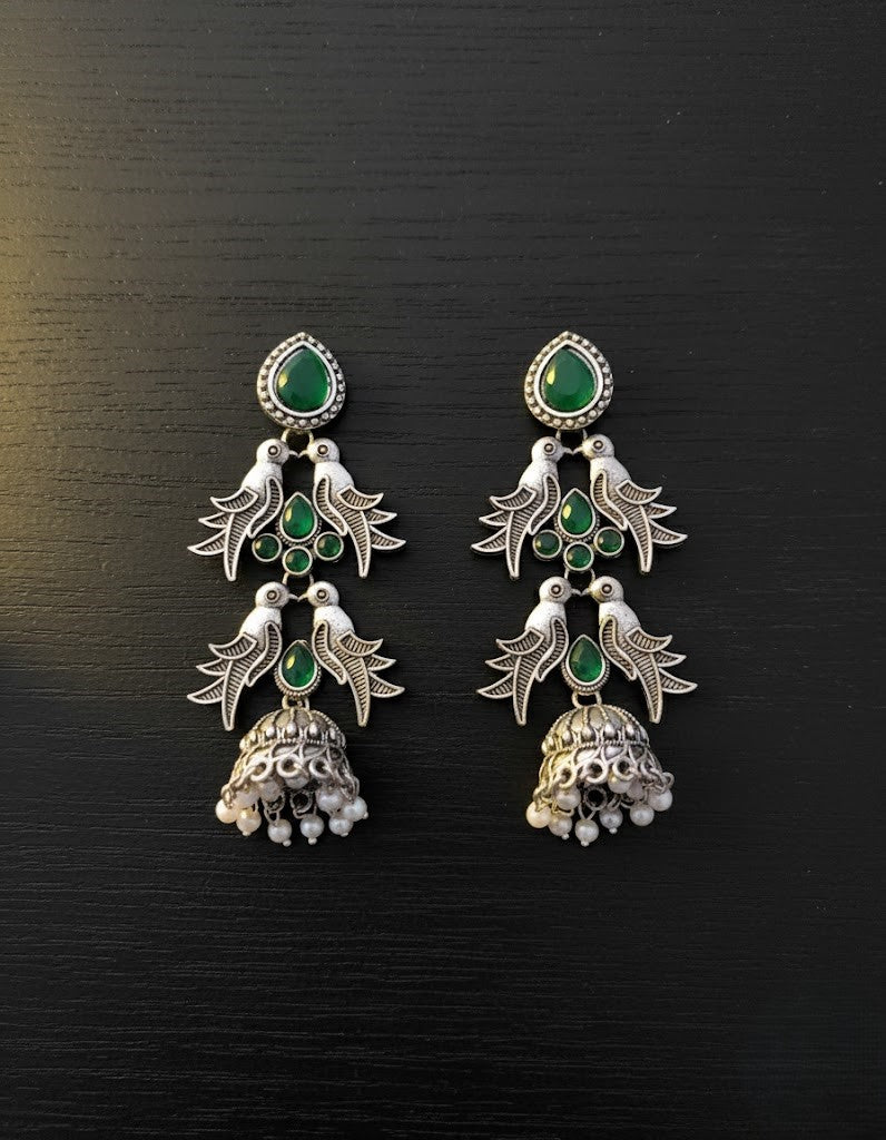 Oxidized Silver Peacock Jhumka Earrings & Green Stones
