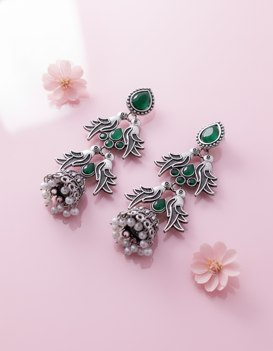 Oxidized Silver Peacock Jhumka Earrings & Green Stones