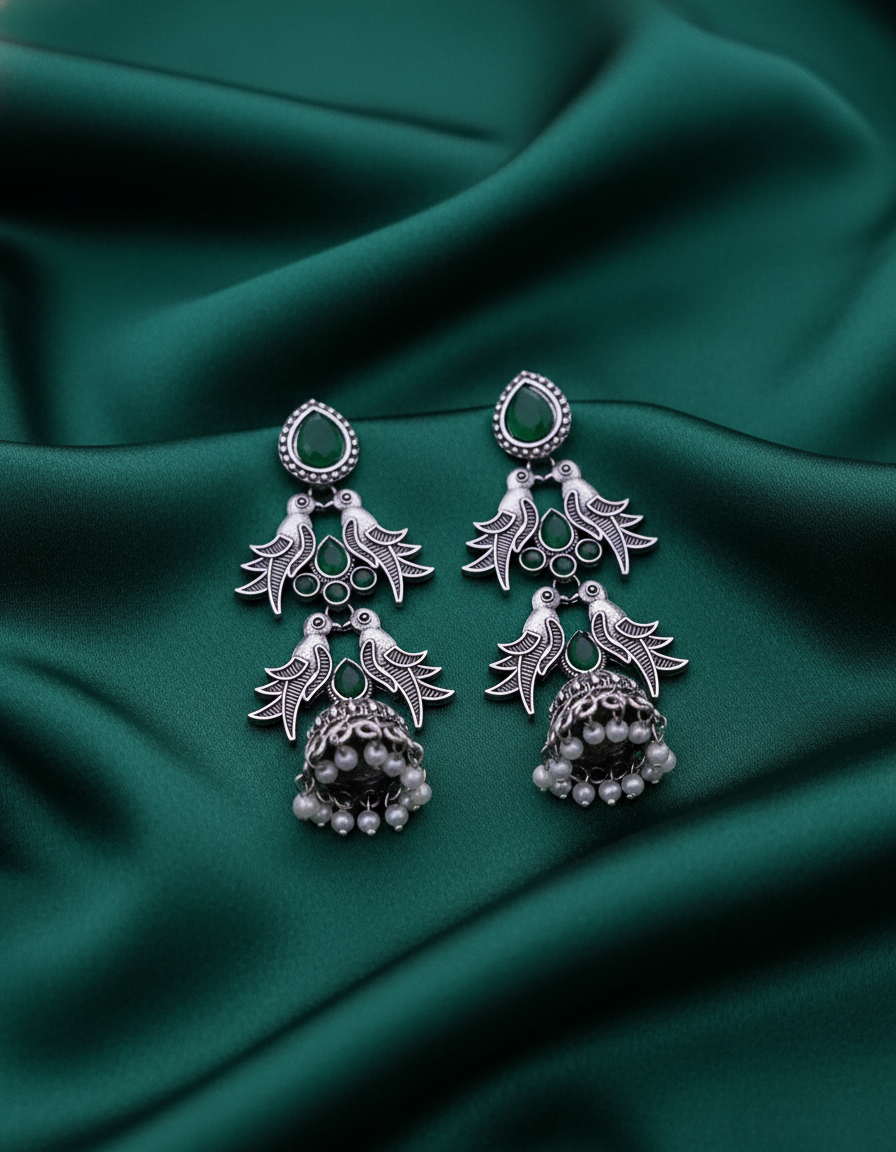 Oxidized Silver Peacock Jhumka Earrings & Green Stones