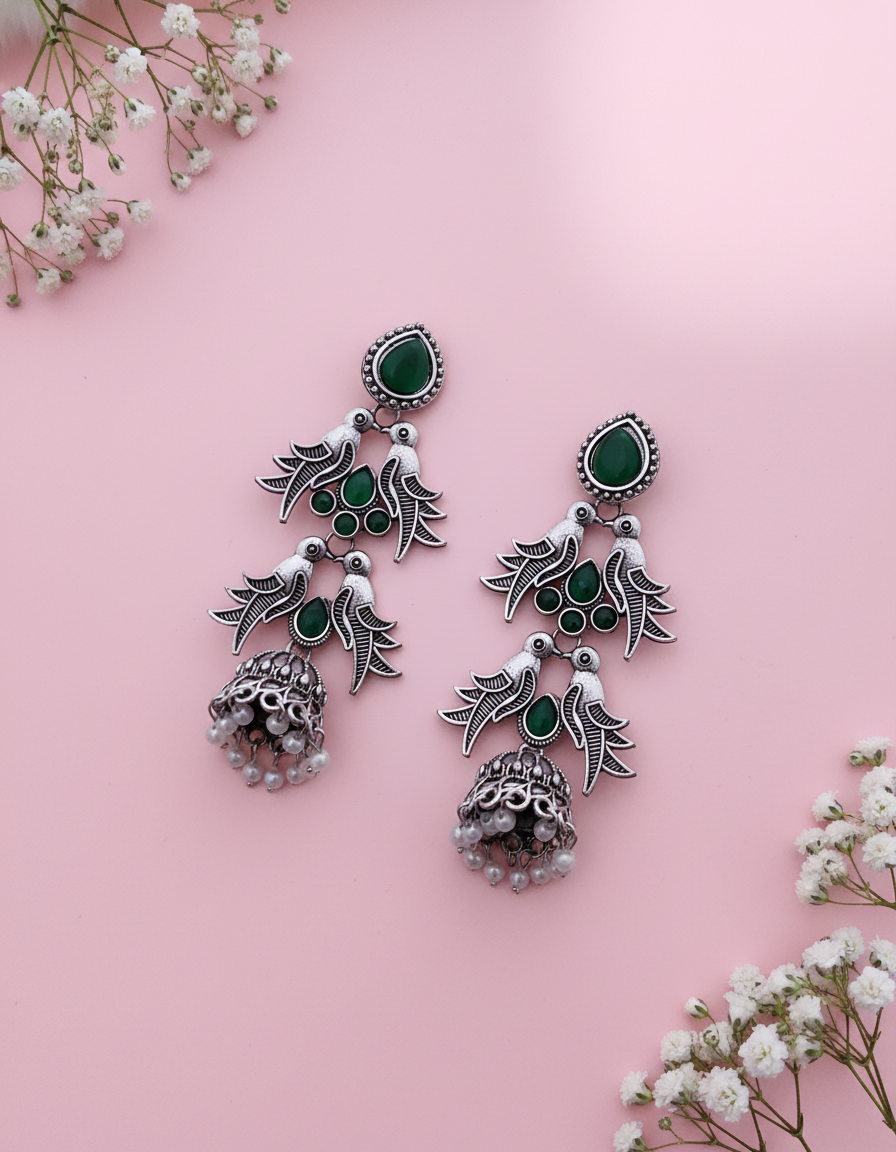 Stunning Oxidized Silver Bird Jhumka Earrings with Pink and Black Stones