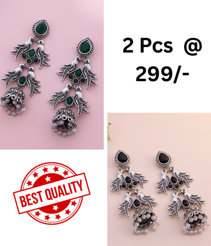 Elegant Oxidized Silver Peacock Jhumka Earrings with Green & Black Stones