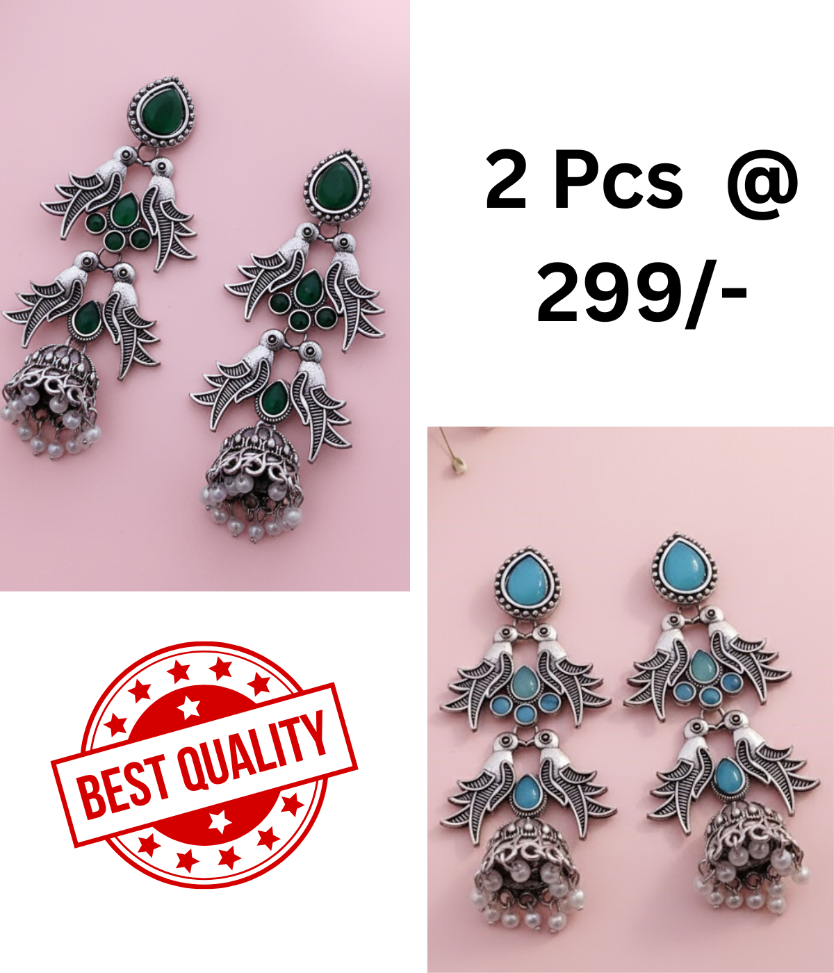 Elegant Oxidized Silver Peacock Jhumka Earrings with Green & Black Stones