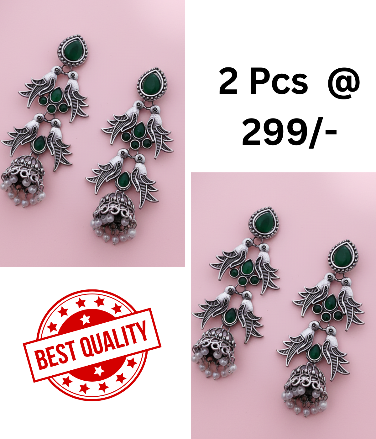 Elegant Oxidized Silver Peacock Jhumka Earrings with Green & Black Stones
