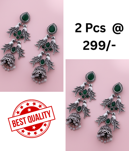 Elegant Oxidized Silver Peacock Jhumka Earrings with Green & Black Stones