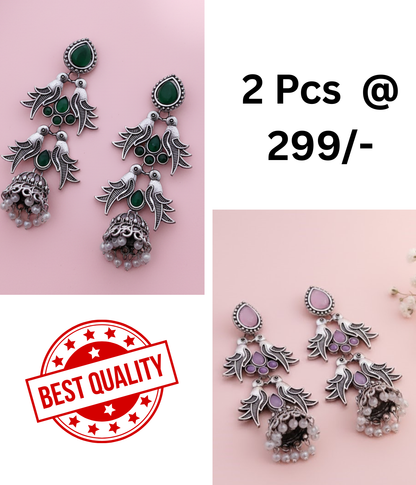 Elegant Oxidized Silver Peacock Jhumka Earrings with Green & Black Stones