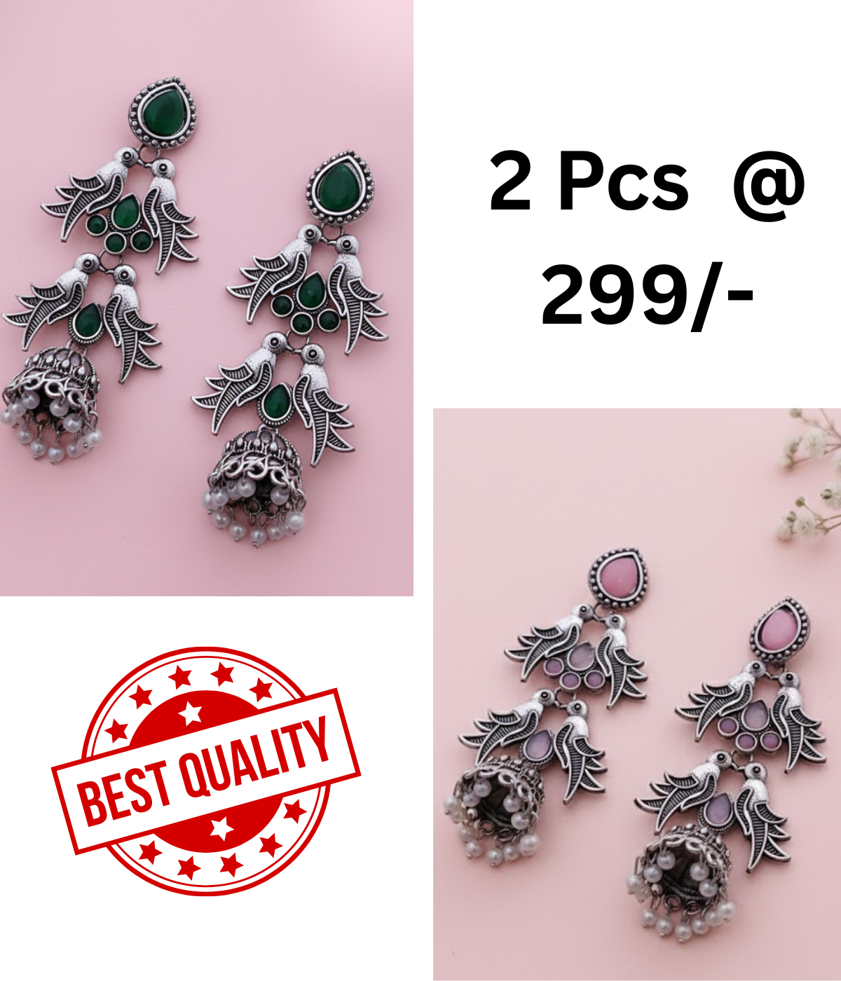 Elegant Oxidized Silver Peacock Jhumka Earrings with Green & Black Stones