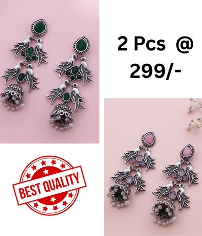 Elegant Oxidized Silver Peacock Jhumka Earrings with Green & Black Stones