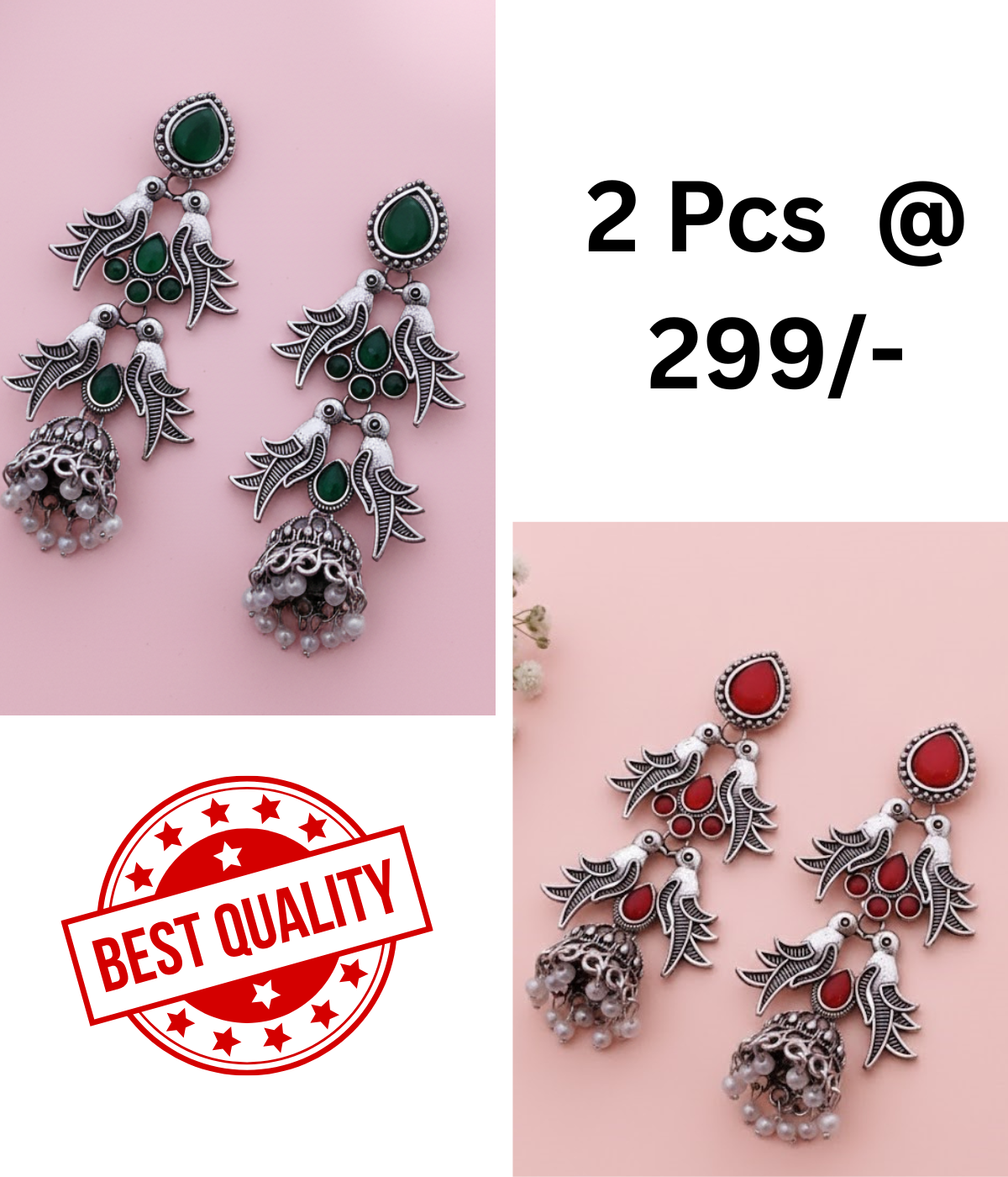 Elegant Oxidized Silver Peacock Jhumka Earrings with Green & Black Stones