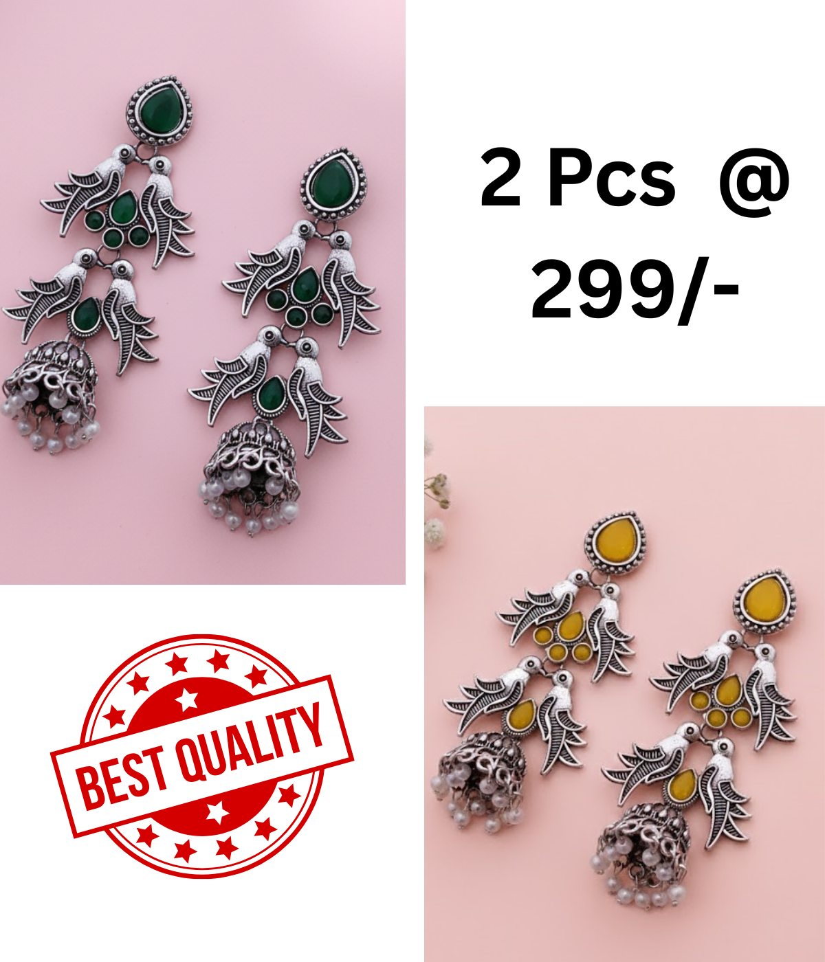 Elegant Oxidized Silver Peacock Jhumka Earrings with Green & Black Stones