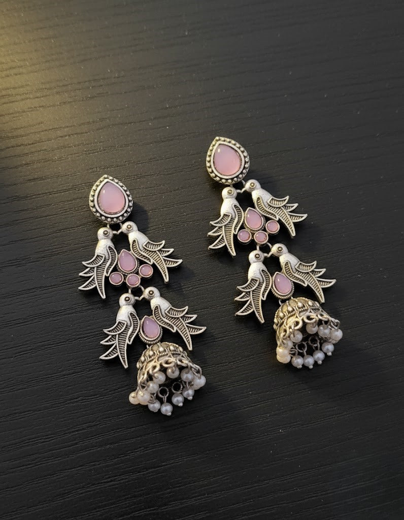 Elegant Oxidized Silver Bird & Pink Stone Jhumka Earrings