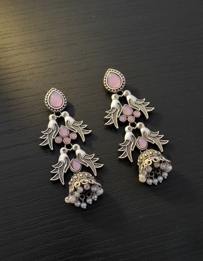 Elegant Oxidized Silver Bird & Pink Stone Jhumka Earrings