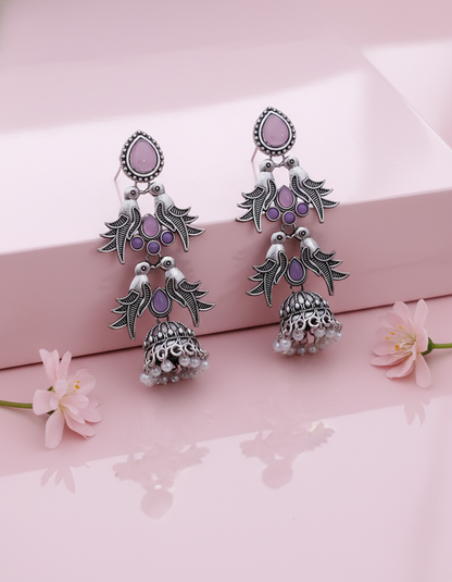 Elegant Oxidized Silver Bird & Pink Stone Jhumka Earrings