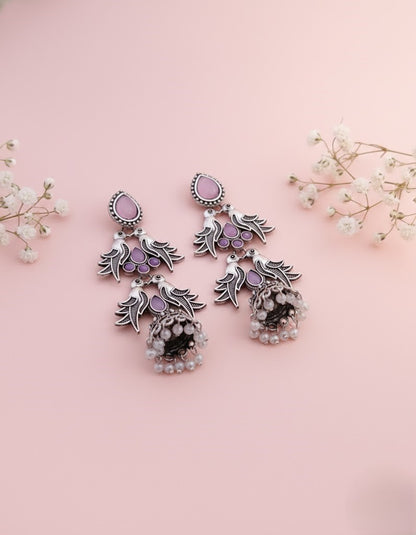Stunning Oxidized Silver Bird Jhumka Earrings with Pink and Black Stones