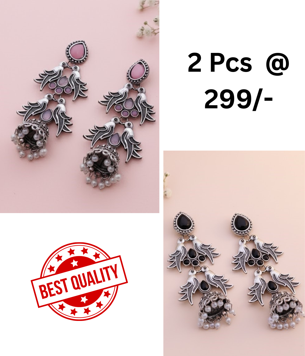 Stunning Oxidized Silver Bird Jhumka Earrings with Pink and Black Stones