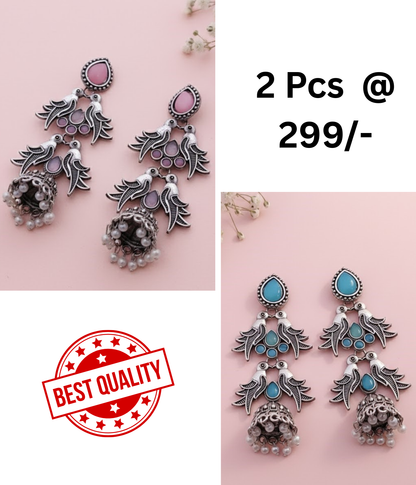 Stunning Oxidized Silver Bird Jhumka Earrings with Pink and Black Stones
