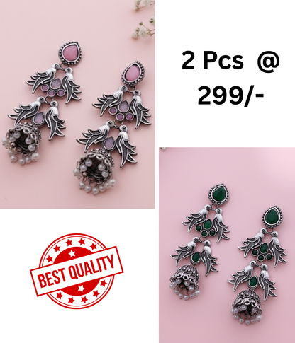 Stunning Oxidized Silver Bird Jhumka Earrings with Pink and Black Stones