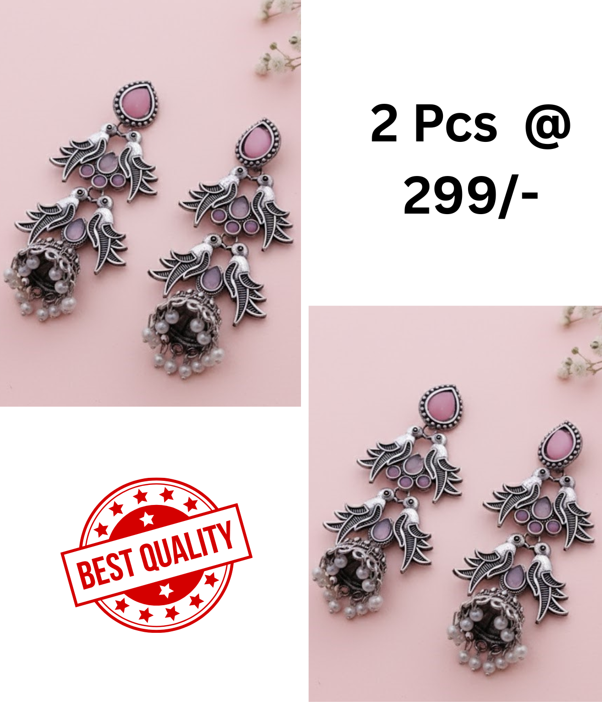 Stunning Oxidized Silver Bird Jhumka Earrings with Pink and Black Stones