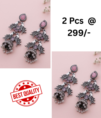 Stunning Oxidized Silver Bird Jhumka Earrings with Pink and Black Stones